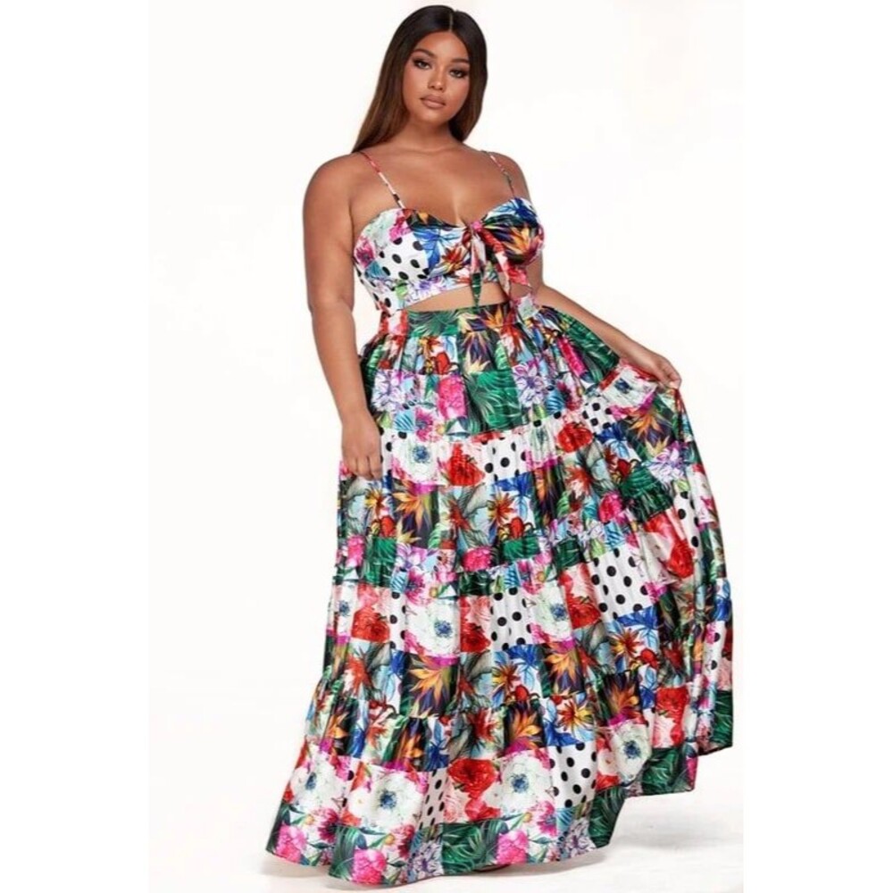 2-Piece Tropical Print Set with High Waisted Maxi Skirt size Large
